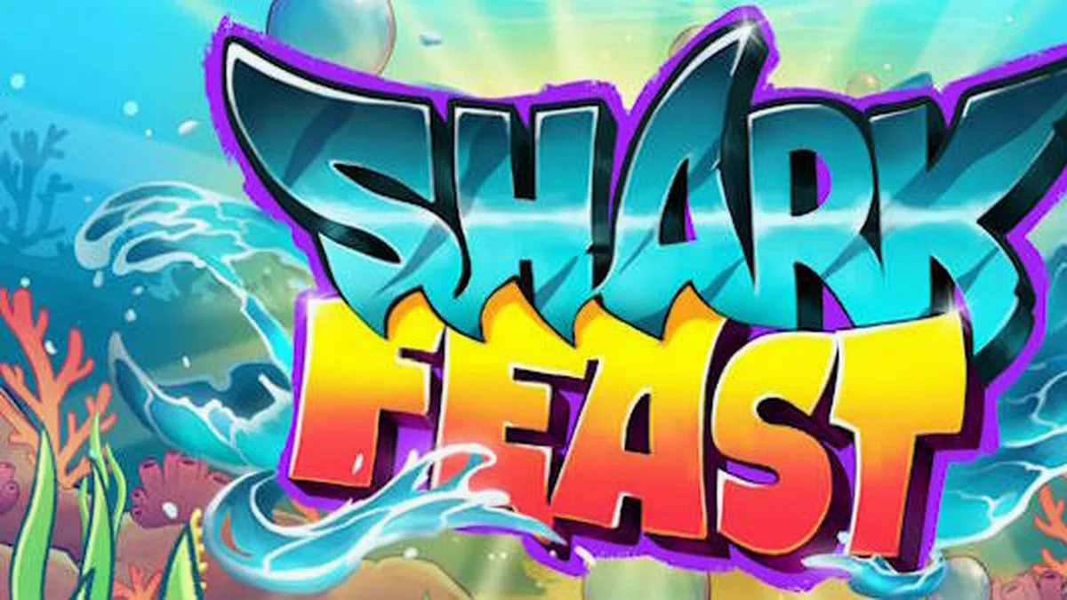 Cena vibrante e colorida do jogo Shark Feast com luzes neon subaquáticas
